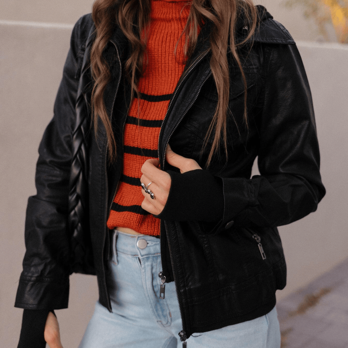 Hooded Lined Vegan Leather Moto Jacket with Thumbholes-Jackets-Krush Kandy, Women's Online Fashion Boutique Located in Phoenix, Arizona (Scottsdale Area)