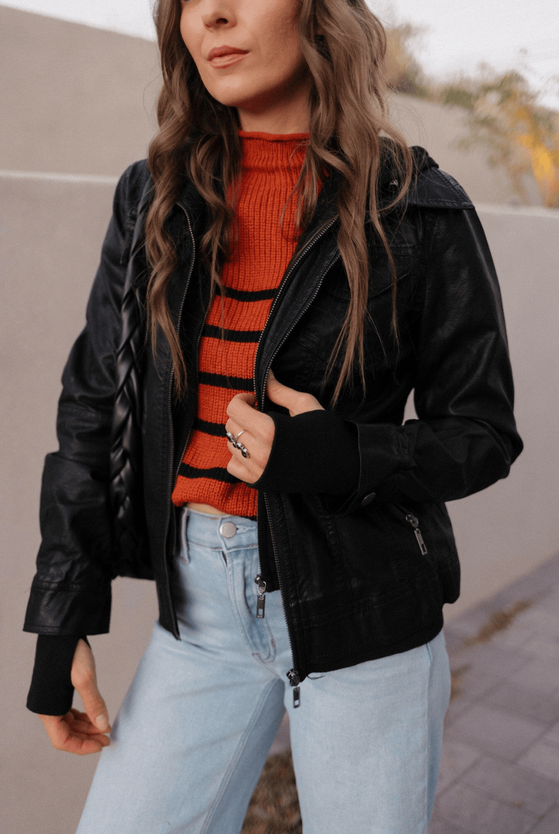 Hooded Lined Vegan Leather Moto Jacket with Thumbholes-Jackets-Krush Kandy, Women's Online Fashion Boutique Located in Phoenix, Arizona (Scottsdale Area)