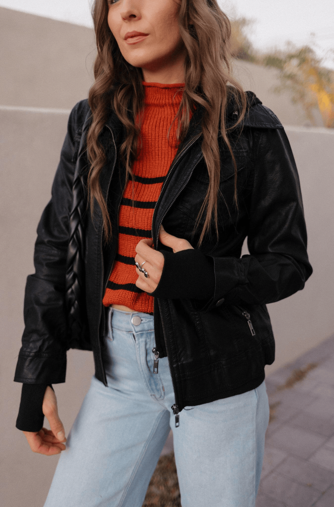 Hooded Lined Vegan Leather Moto Jacket with Thumbholes-Jackets-Krush Kandy, Women's Online Fashion Boutique Located in Phoenix, Arizona (Scottsdale Area)