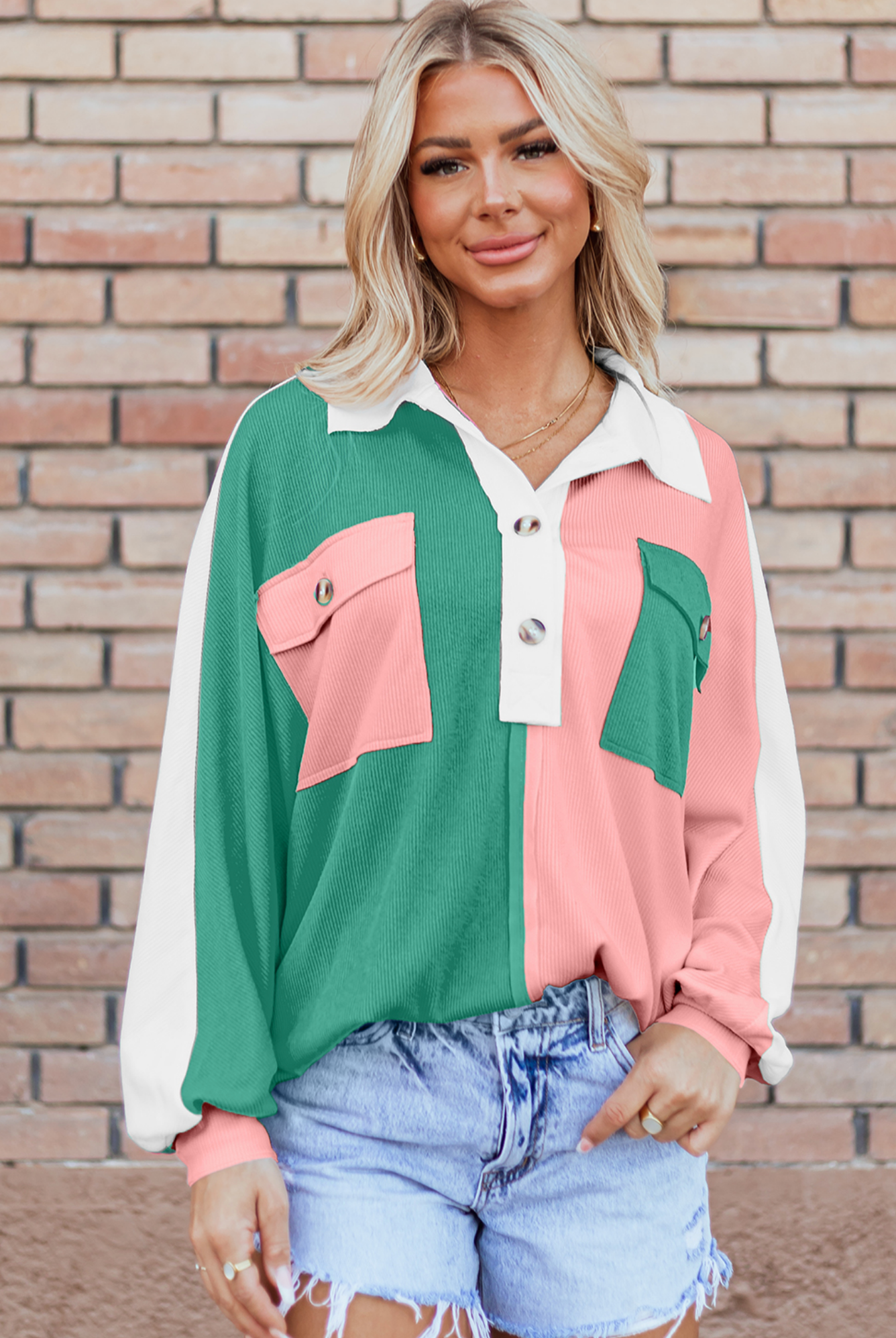 Ribbed Color Block Collared Sweatshirt-Sweaters-Krush Kandy, Women's Online Fashion Boutique Located in Phoenix, Arizona (Scottsdale Area)