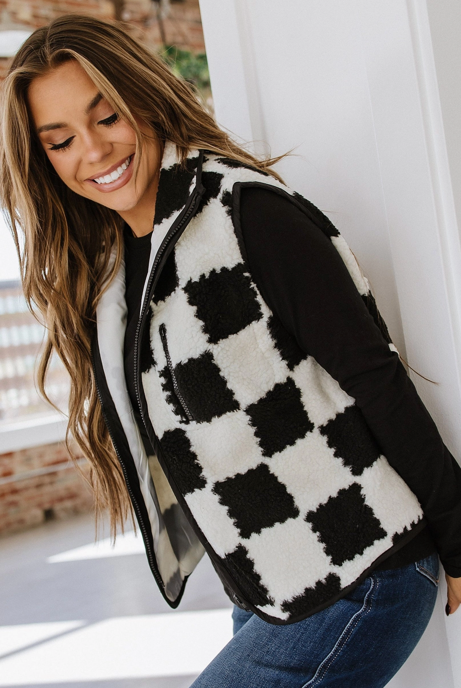 Checkered Sherpa Collared Vest-Vests-Krush Kandy, Women's Online Fashion Boutique Located in Phoenix, Arizona (Scottsdale Area)