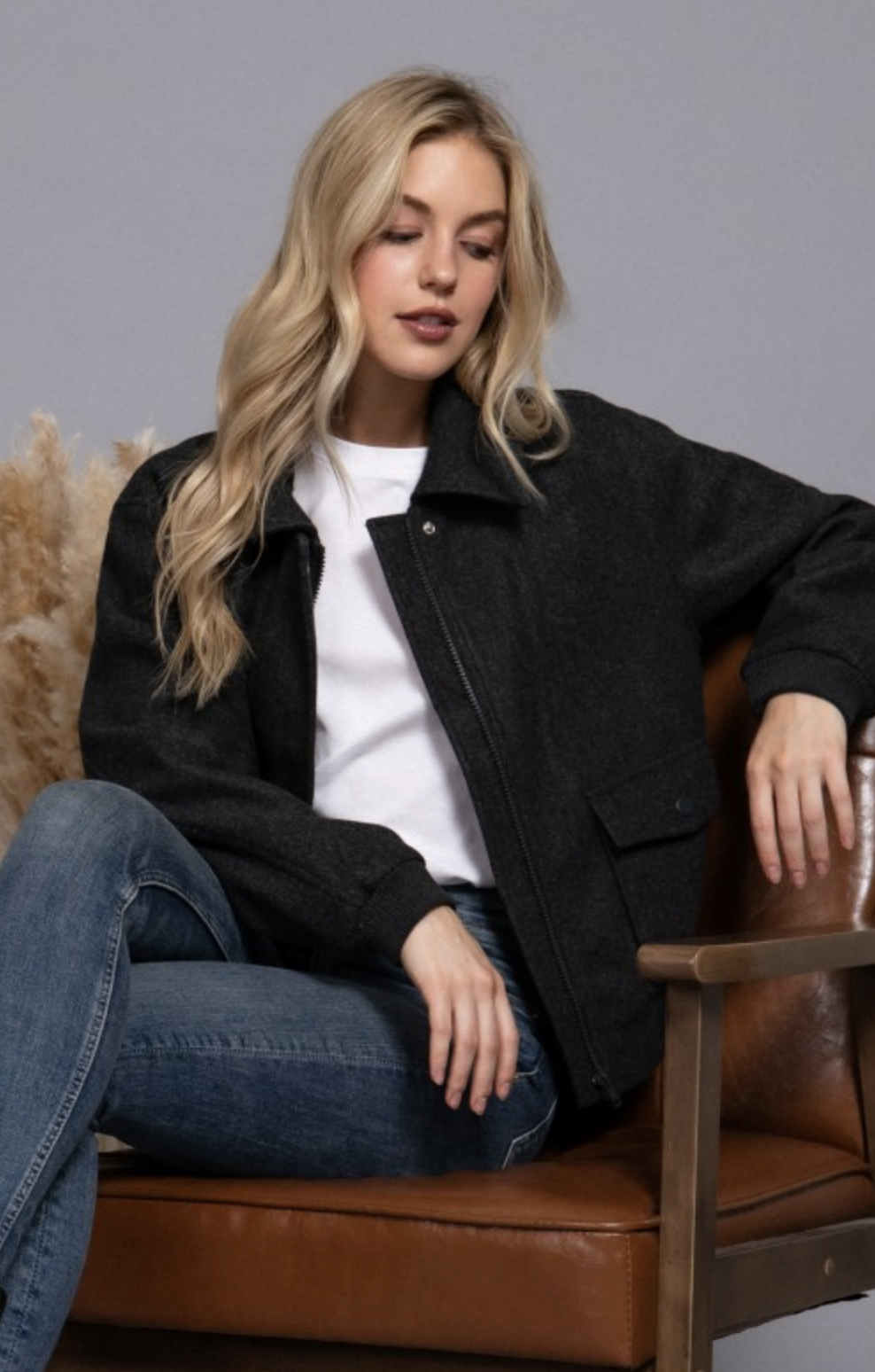 Long Sleeve Lapel Collar Soft Felt Bomber Jacket-Jackets-Krush Kandy, Women's Online Fashion Boutique Located in Phoenix, Arizona (Scottsdale Area)