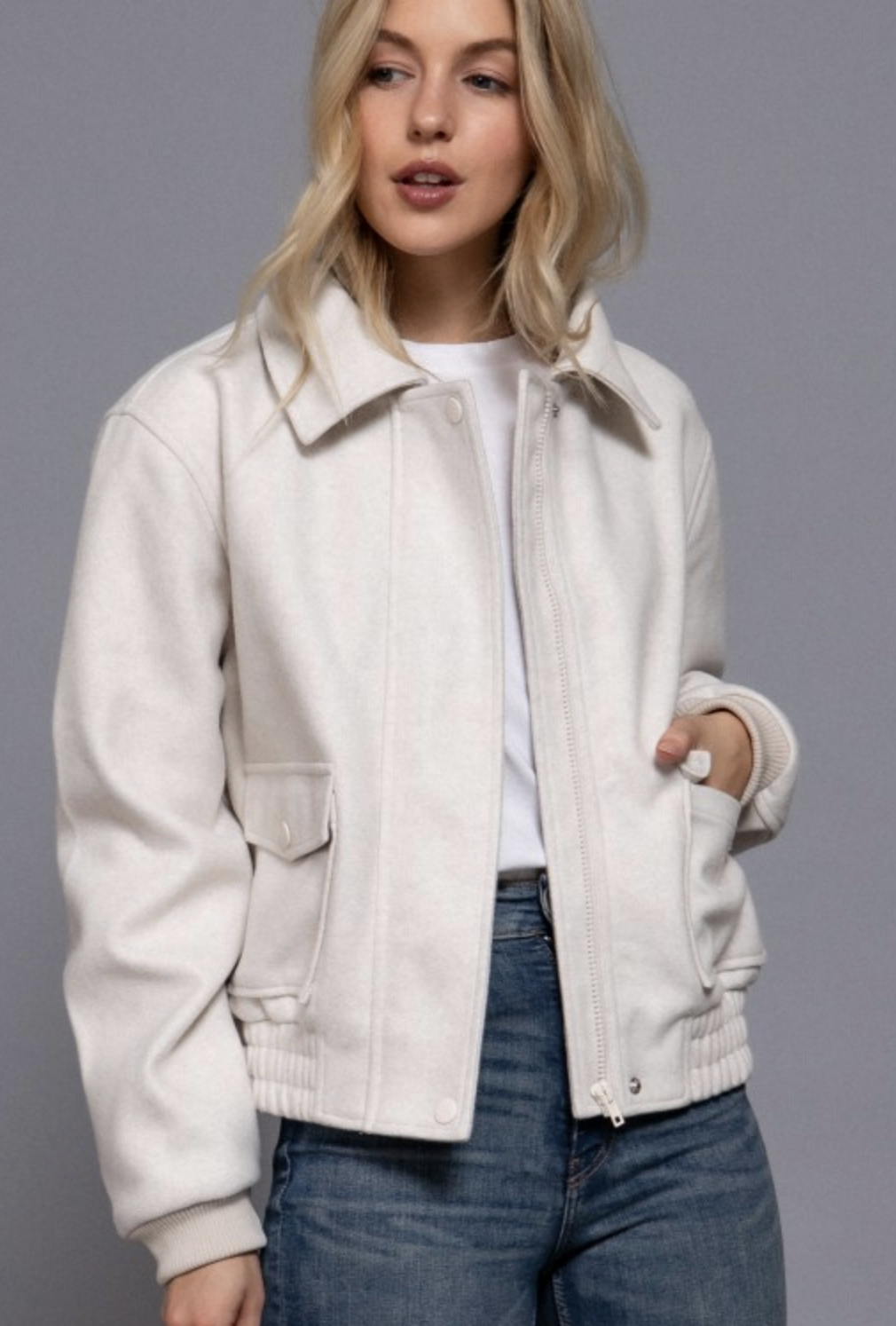 Long Sleeve Lapel Collar Soft Felt Bomber Jacket-Jackets-Krush Kandy, Women's Online Fashion Boutique Located in Phoenix, Arizona (Scottsdale Area)