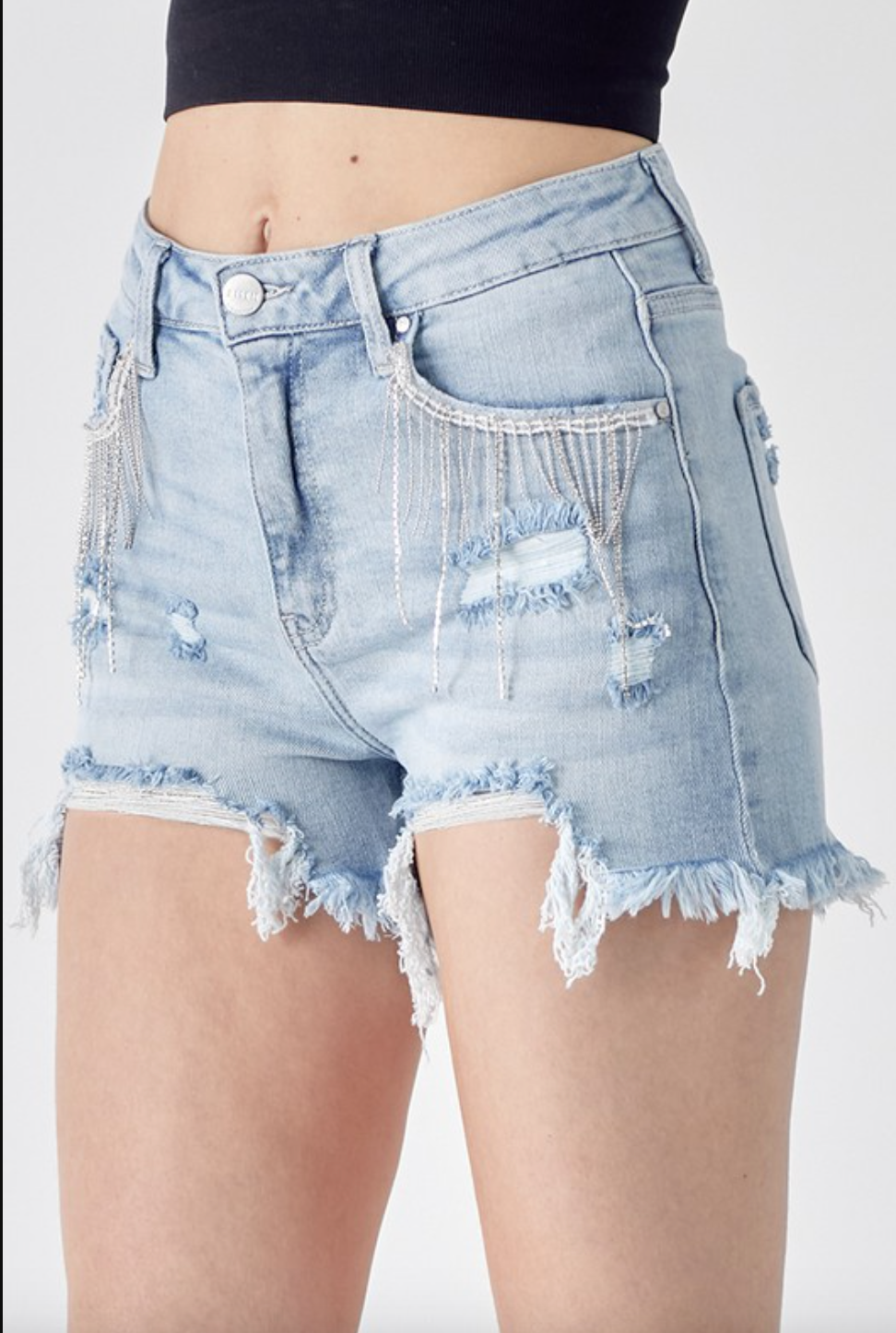 Risen Denim & Diamonds High Rise Rhinestone Shorts-Shorts-Krush Kandy, Women's Online Fashion Boutique Located in Phoenix, Arizona (Scottsdale Area)