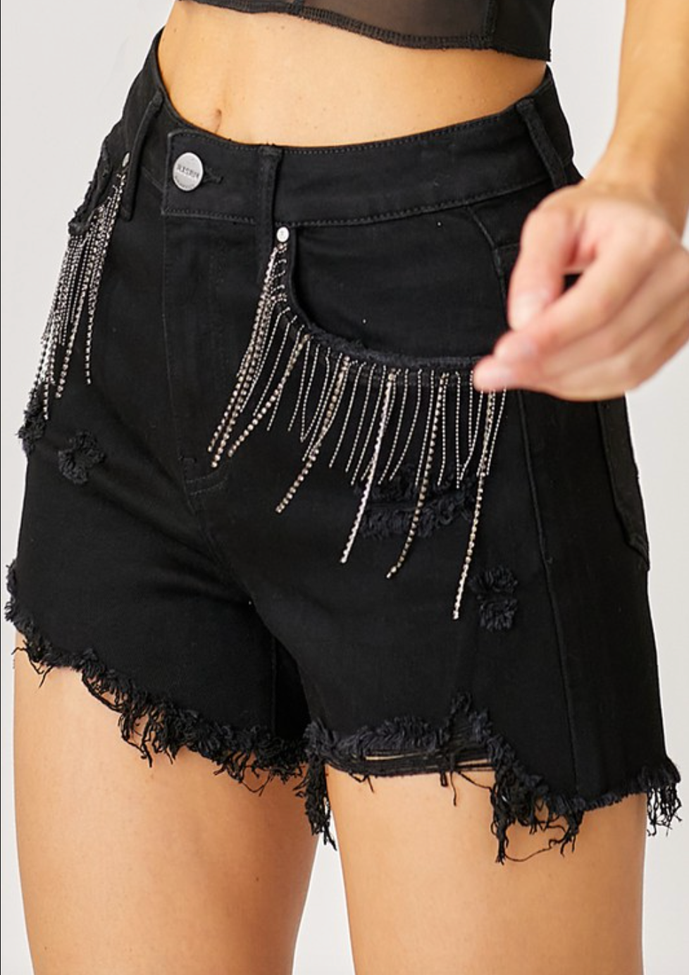 Risen Denim & Diamonds High Rise Rhinestone Shorts-Shorts-Krush Kandy, Women's Online Fashion Boutique Located in Phoenix, Arizona (Scottsdale Area)
