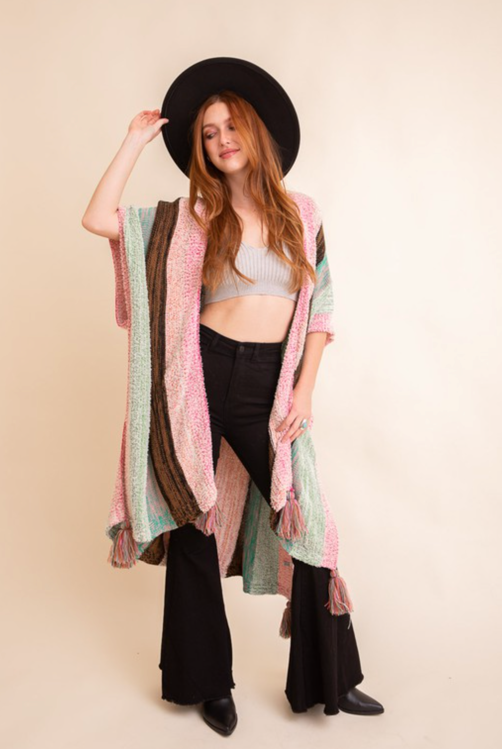 Multi-color Striped Pattern Ruana with Tassels-Kimonos-Krush Kandy, Women's Online Fashion Boutique Located in Phoenix, Arizona (Scottsdale Area)