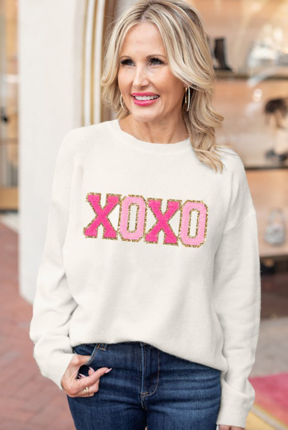 XOXO Glitter Print Round Neck Casual Sweater-Krush Kandy, Women's Online Fashion Boutique Located in Phoenix, Arizona (Scottsdale Area)
