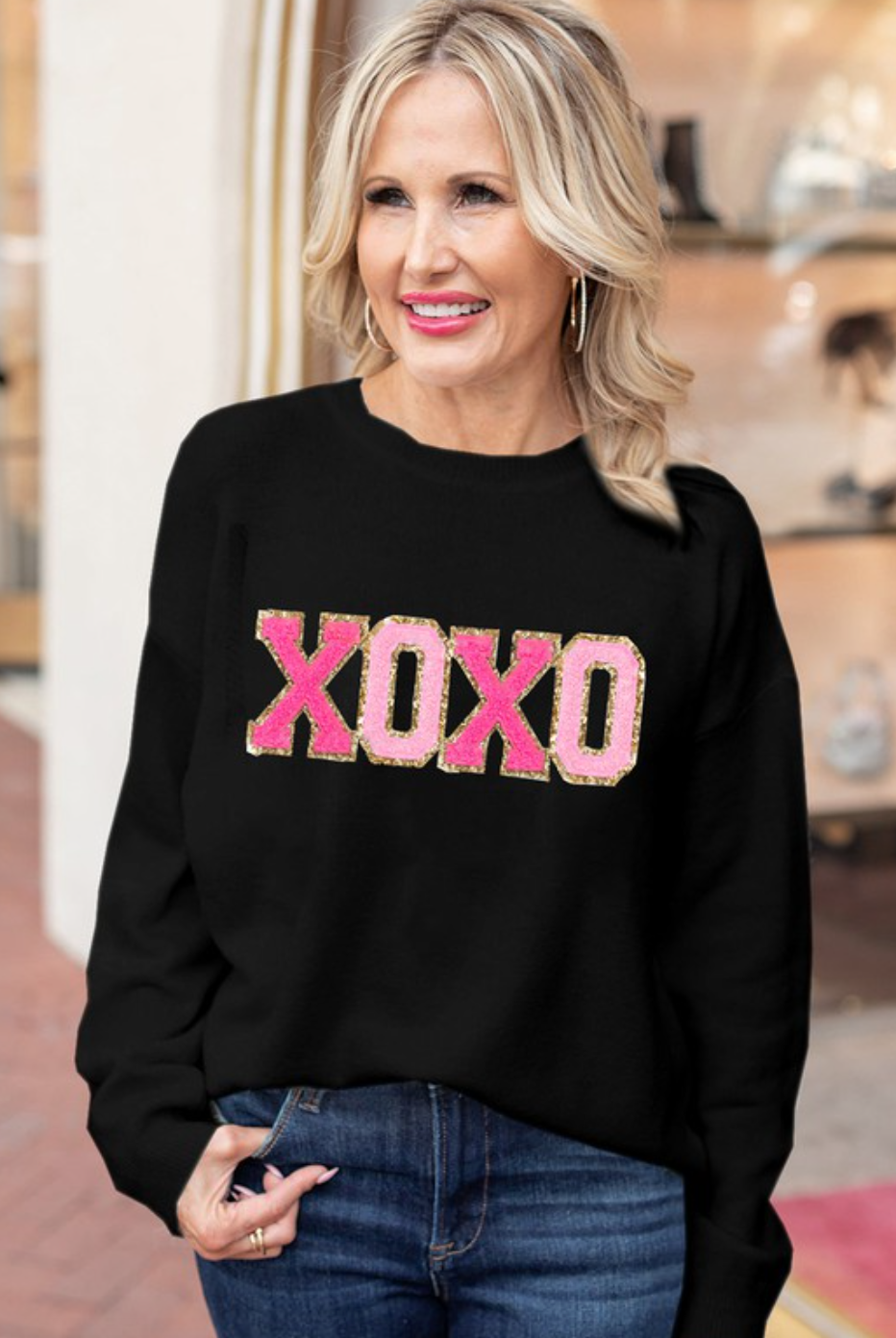 XOXO Glitter Print Round Neck Casual Sweater-Krush Kandy, Women's Online Fashion Boutique Located in Phoenix, Arizona (Scottsdale Area)