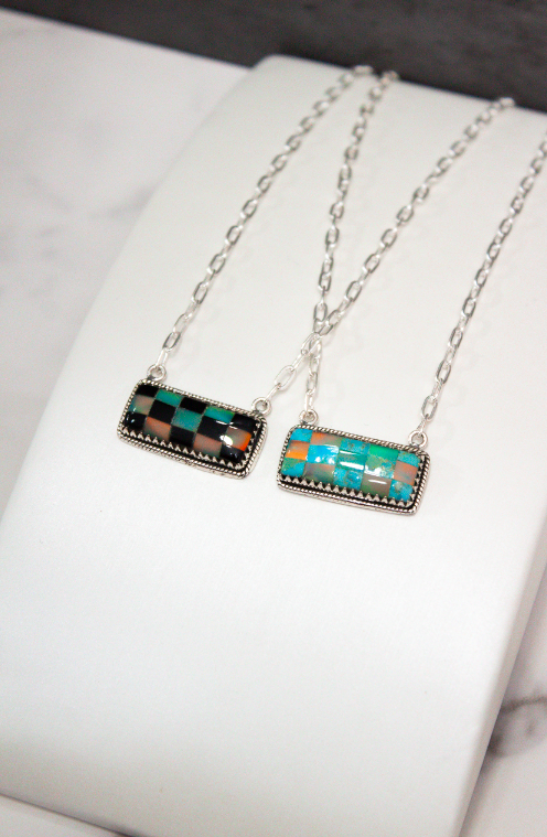 Checkered Bar Necklace-Chain Necklaces-Krush Kandy, Women's Online Fashion Boutique Located in Phoenix, Arizona (Scottsdale Area)