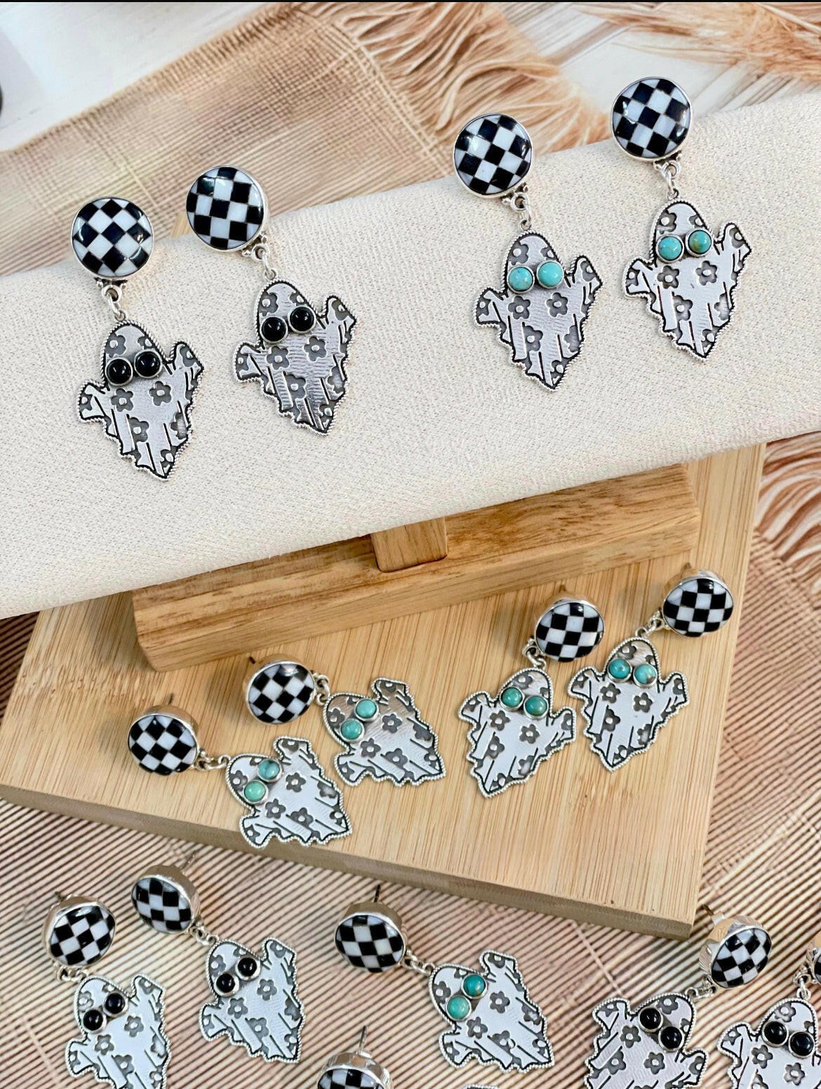 PREORDER OPEN! CHECKERED SPOOKY GHOST Earrings-Drop Earrings-Krush Kandy, Women's Online Fashion Boutique Located in Phoenix, Arizona (Scottsdale Area)