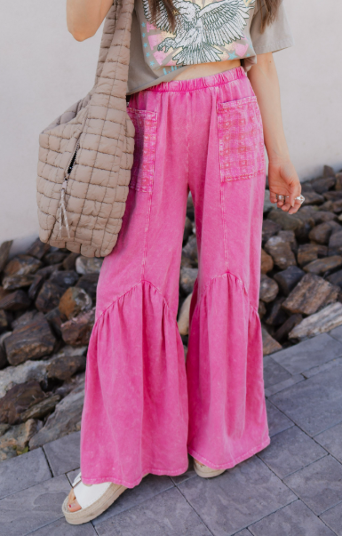 J.HER Mineral Washed Cotton Print Pocket Wide-Leg Flare Pants | S-XL-Pants-Krush Kandy, Women's Online Fashion Boutique Located in Phoenix, Arizona (Scottsdale Area)