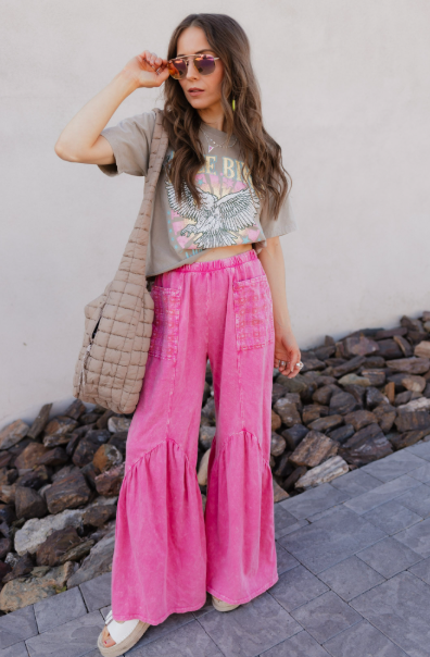 J.HER Mineral Washed Cotton Print Pocket Wide-Leg Flare Pants | S-XL-Pants-Krush Kandy, Women's Online Fashion Boutique Located in Phoenix, Arizona (Scottsdale Area)