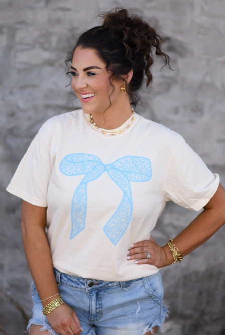 Lacy Blue Bow Graphic Tee-Graphic Tees-Krush Kandy, Women's Online Fashion Boutique Located in Phoenix, Arizona (Scottsdale Area)