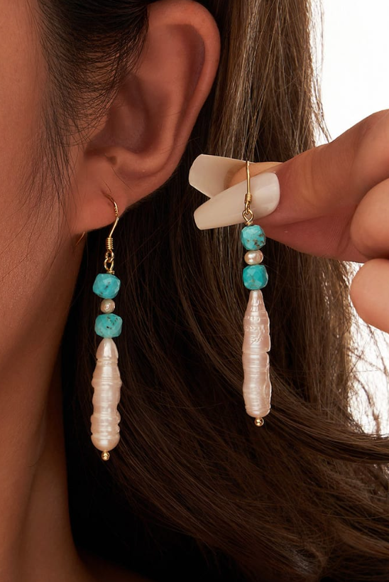 Vintage Turquoise & Pearl Threader Earrings-Earrings-Krush Kandy, Women's Online Fashion Boutique Located in Phoenix, Arizona (Scottsdale Area)