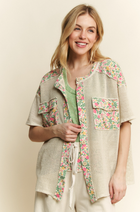 Floral Patch Mesh Button-Up-Tops-Krush Kandy, Women's Online Fashion Boutique Located in Phoenix, Arizona (Scottsdale Area)