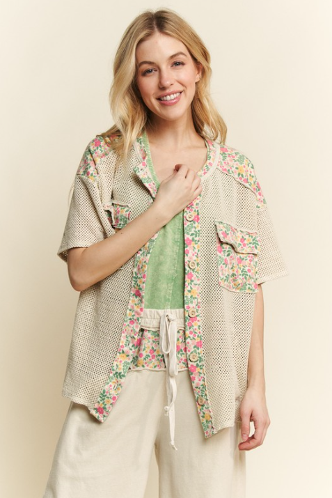 Floral Patch Mesh Button-Up-Tops-Krush Kandy, Women's Online Fashion Boutique Located in Phoenix, Arizona (Scottsdale Area)