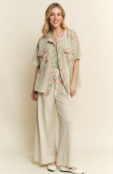 Floral Patch Mesh Button-Up-Tops-Krush Kandy, Women's Online Fashion Boutique Located in Phoenix, Arizona (Scottsdale Area)