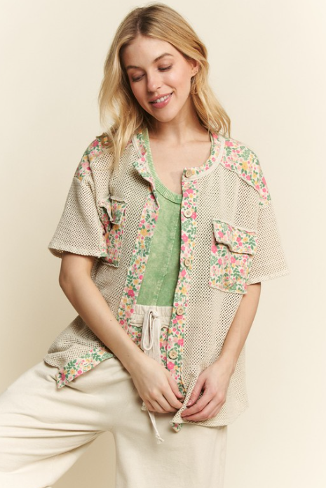 Floral Patch Mesh Button-Up-Tops-Krush Kandy, Women's Online Fashion Boutique Located in Phoenix, Arizona (Scottsdale Area)