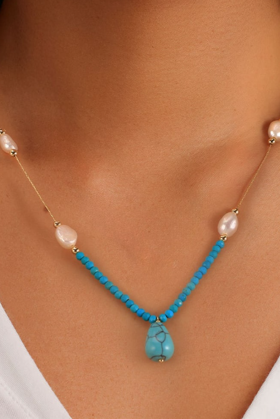 Pearl & Turquoise Slab Trend Necklace-Necklaces-Krush Kandy, Women's Online Fashion Boutique Located in Phoenix, Arizona (Scottsdale Area)