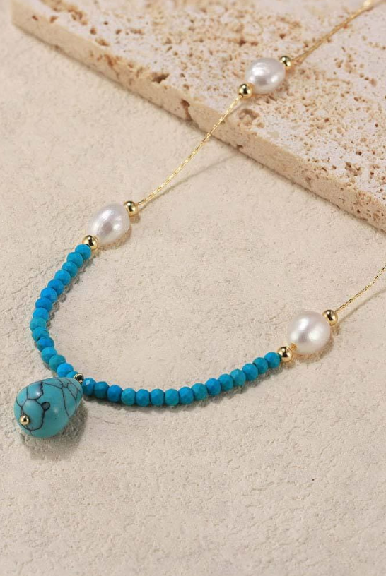Pearl & Turquoise Slab Trend Necklace-Necklaces-Krush Kandy, Women's Online Fashion Boutique Located in Phoenix, Arizona (Scottsdale Area)