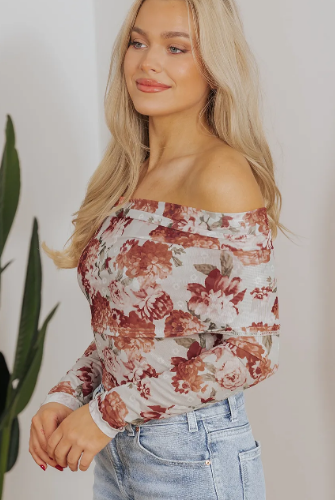 Pink Floral Printed Long Sleeve Sheath Bodysuit-Tops-Krush Kandy, Women's Online Fashion Boutique Located in Phoenix, Arizona (Scottsdale Area)