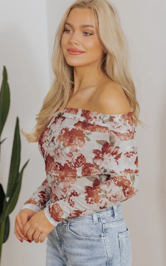 Pink Floral Printed Long Sleeve Sheath Bodysuit-Tops-Krush Kandy, Women's Online Fashion Boutique Located in Phoenix, Arizona (Scottsdale Area)