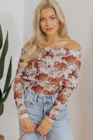 Pink Floral Printed Long Sleeve Sheath Bodysuit-Tops-Krush Kandy, Women's Online Fashion Boutique Located in Phoenix, Arizona (Scottsdale Area)