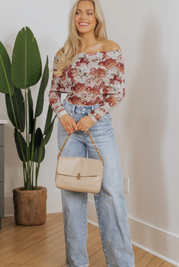 Pink Floral Printed Long Sleeve Sheath Bodysuit-Tops-Krush Kandy, Women's Online Fashion Boutique Located in Phoenix, Arizona (Scottsdale Area)