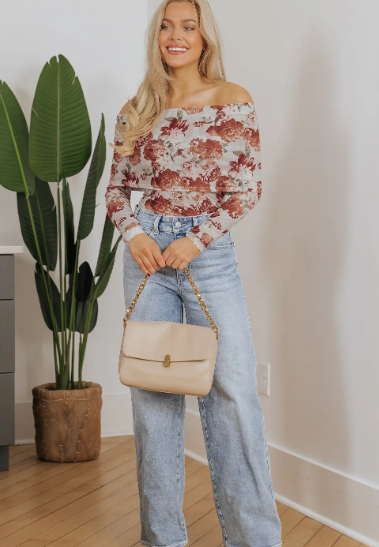 Pink Floral Printed Long Sleeve Sheath Bodysuit-Tops-Krush Kandy, Women's Online Fashion Boutique Located in Phoenix, Arizona (Scottsdale Area)