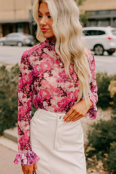 Rose Floral Mesh Flounce Sleeve Mock Neck Blouse-Tops-Krush Kandy, Women's Online Fashion Boutique Located in Phoenix, Arizona (Scottsdale Area)