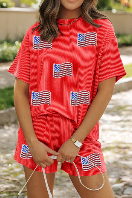 Glitter Flag Patched Short Set-2 Piece Outfit Sets-Krush Kandy, Women's Online Fashion Boutique Located in Phoenix, Arizona (Scottsdale Area)
