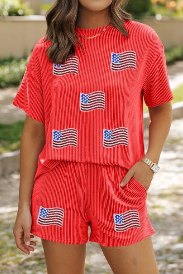 Glitter Flag Patched Short Set-2 Piece Outfit Sets-Krush Kandy, Women's Online Fashion Boutique Located in Phoenix, Arizona (Scottsdale Area)