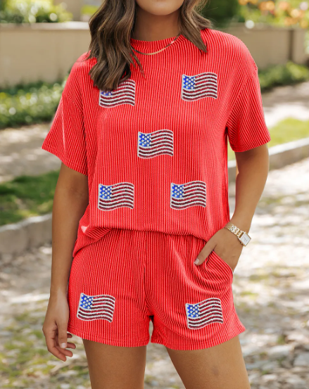 Glitter Flag Patched Short Set-2 Piece Outfit Sets-Krush Kandy, Women's Online Fashion Boutique Located in Phoenix, Arizona (Scottsdale Area)