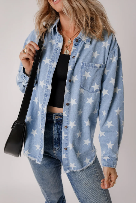All-American Star Denim Button Down-Tops-Krush Kandy, Women's Online Fashion Boutique Located in Phoenix, Arizona (Scottsdale Area)