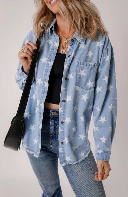 All-American Star Denim Button Down-Tops-Krush Kandy, Women's Online Fashion Boutique Located in Phoenix, Arizona (Scottsdale Area)