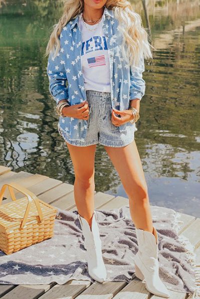 All-American Star Denim Button Down-Tops-Krush Kandy, Women's Online Fashion Boutique Located in Phoenix, Arizona (Scottsdale Area)