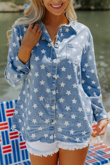 All-American Star Denim Button Down-Tops-Krush Kandy, Women's Online Fashion Boutique Located in Phoenix, Arizona (Scottsdale Area)