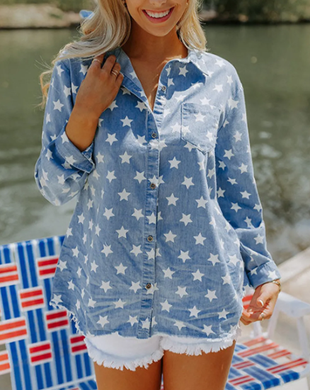 All-American Star Denim Button Down-Tops-Krush Kandy, Women's Online Fashion Boutique Located in Phoenix, Arizona (Scottsdale Area)