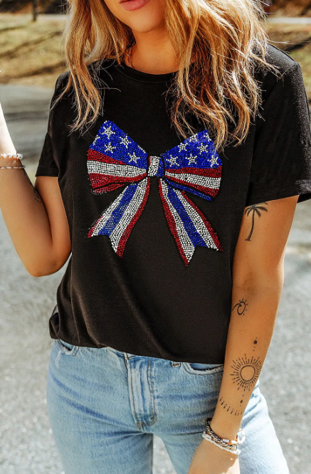 Stars & Stripes Sparkle Bow Tee-Tops-Krush Kandy, Women's Online Fashion Boutique Located in Phoenix, Arizona (Scottsdale Area)