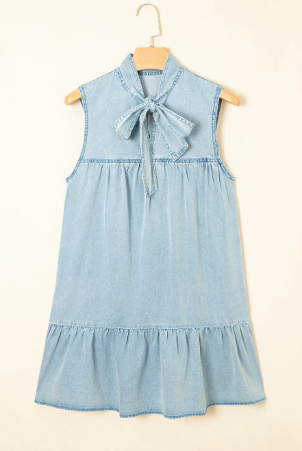 Denim Bow Tie Sleeveless Dress-Dresses-Krush Kandy, Women's Online Fashion Boutique Located in Phoenix, Arizona (Scottsdale Area)