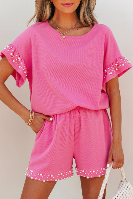 Pink Pearl Ruffle Short Set-2 Piece Outfit Sets-Krush Kandy, Women's Online Fashion Boutique Located in Phoenix, Arizona (Scottsdale Area)
