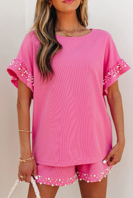 Pink Pearl Ruffle Short Set-2 Piece Outfit Sets-Krush Kandy, Women's Online Fashion Boutique Located in Phoenix, Arizona (Scottsdale Area)
