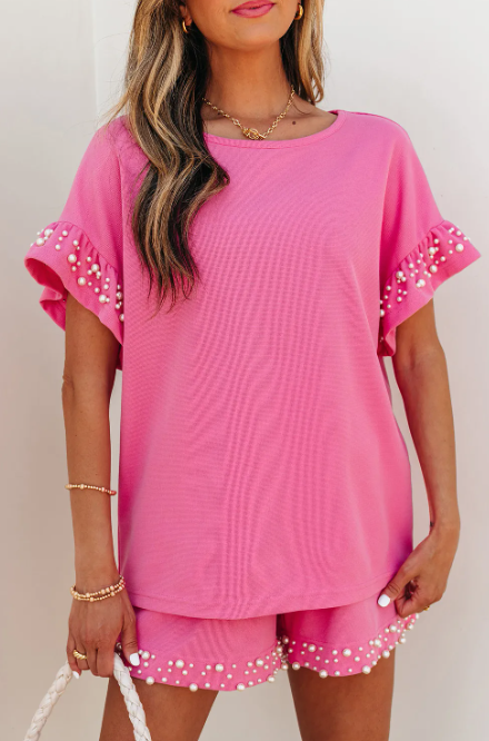 Pink Pearl Ruffle Short Set-2 Piece Outfit Sets-Krush Kandy, Women's Online Fashion Boutique Located in Phoenix, Arizona (Scottsdale Area)