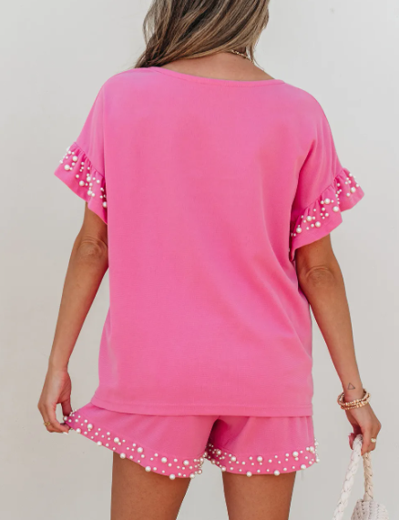 Pink Pearl Ruffle Short Set-2 Piece Outfit Sets-Krush Kandy, Women's Online Fashion Boutique Located in Phoenix, Arizona (Scottsdale Area)