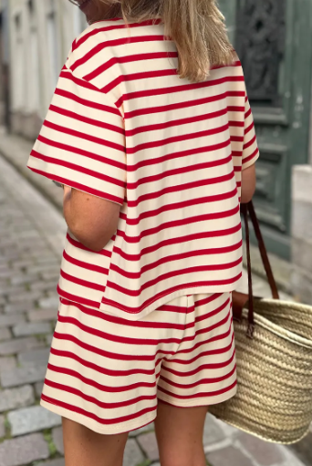 Red & Cream Striped Tie Front Set-2 Piece Outfit Sets-Krush Kandy, Women's Online Fashion Boutique Located in Phoenix, Arizona (Scottsdale Area)