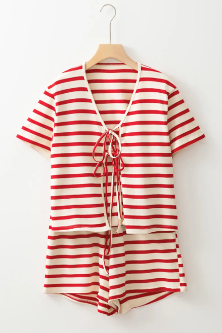 Red & Cream Striped Tie Front Set-2 Piece Outfit Sets-Krush Kandy, Women's Online Fashion Boutique Located in Phoenix, Arizona (Scottsdale Area)