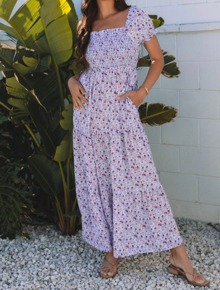 Lavender Blossom Smocked Maxi Dress-Dresses-Krush Kandy, Women's Online Fashion Boutique Located in Phoenix, Arizona (Scottsdale Area)