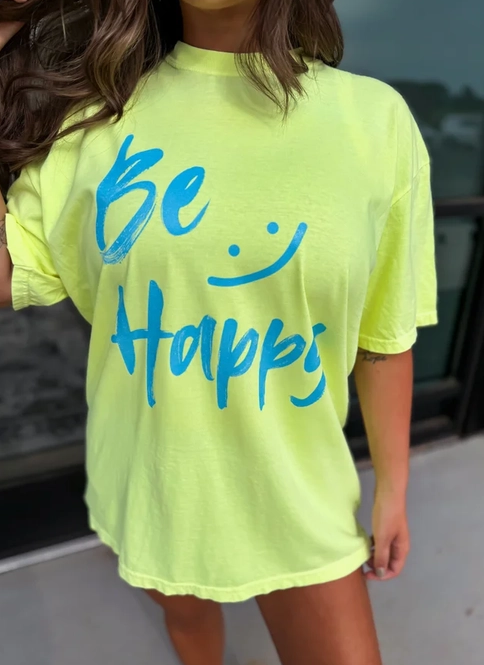 Be Happy Neon Tee-Graphic Tees-Krush Kandy, Women's Online Fashion Boutique Located in Phoenix, Arizona (Scottsdale Area)