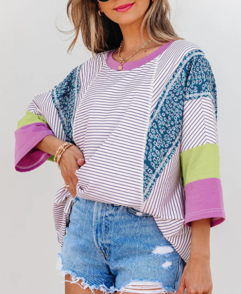Whimsy in Color Patchwork Stripe Top-Tops-Krush Kandy, Women's Online Fashion Boutique Located in Phoenix, Arizona (Scottsdale Area)
