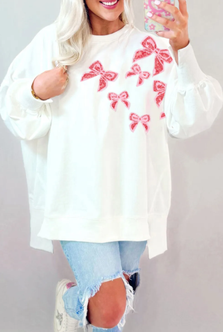 Sequin Bowknot High Low Oversize Sweatshirt-Sweaters-Krush Kandy, Women's Online Fashion Boutique Located in Phoenix, Arizona (Scottsdale Area)
